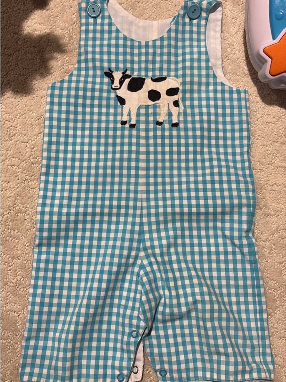 Kelly's Kids Aqua and White Gingham Cow Appliqué One-Piece